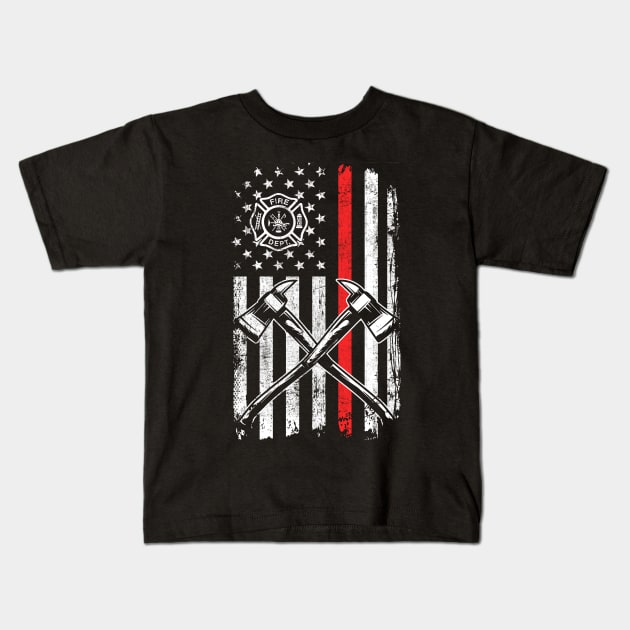 Firefighter T-Shirt Thin Red Line Firefighter American USA Flag Fireman Gift Kids T-Shirt by Otis Patrick